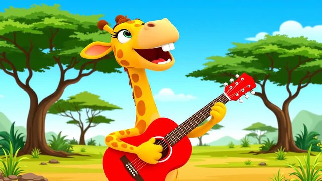 Cartoon giraffe playing guitar in sunny landscape with trees