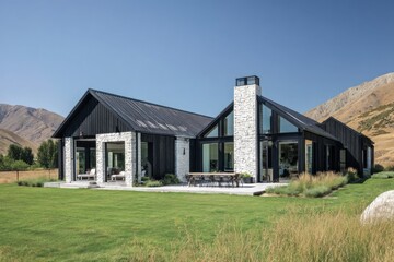 Obraz premium A contemporary black and stone house sits gracefully on a lush green lawn, framed by majestic mountains under a bright, sunny sky