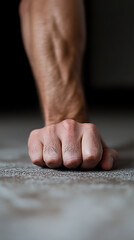 A clenched fist presses down firmly on a textured surface, arm muscles taut against a dark backdrop. The focused image conveys strength, resolve, and determination.