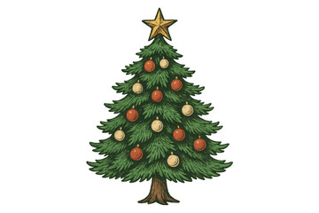 Fototapeta premium Christmas tree celebrating winter holidays, decorated with ornaments and a star, vintage style illustration on transparent background