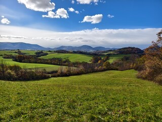 Fototapeta premium autumn landscape with meadows and trees