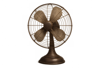 Vintage metal desk fan for cooling and air circulation, an antique electric appliance providing classic comfort, isolated