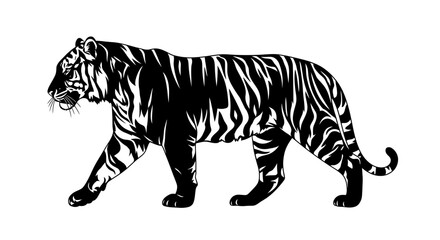 Black and white graphic illustration of a walking tiger.