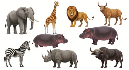 Naklejka premium African wildlife animals collection including elephant giraffe lion zebra rhino hippo buffalo.