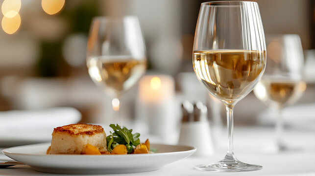A glass of white wine and a tasty dish sit on a fancy table. The table is set for a dinner party. The atmosphere is relaxed and elegant. Ready for a toast!