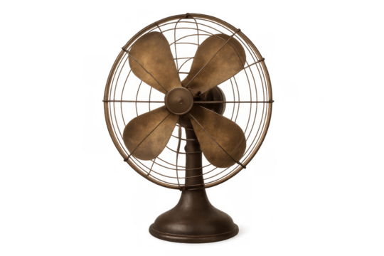 Vintage brass electric fan providing cooling air and ventilation, an antique object representing history and nostalgia on a transparent background