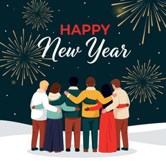 Group of diverse friends celebrating New Year with fireworks and joy.