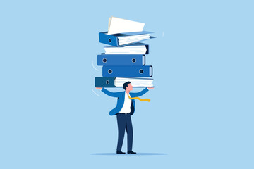 Overwhelmed businessman carrying huge stack of files documents indicating workload and stress business concept