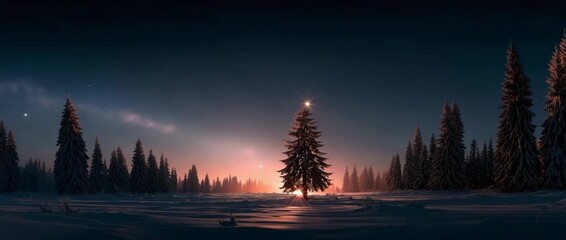 Animated Christmas tree glowing in a snowy winter forest at night. A bright star shines on top of a solitary evergreen in a magical landscape. Vertical fantasy illustration for the holiday season - Powered by Adobe