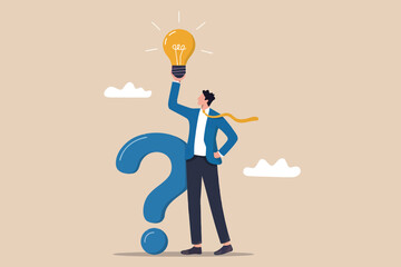 Obraz premium Businessman holds bright idea light bulb above giant question mark symbol representing problem solving and innovation strategy