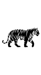 Stylized black tiger silhouette walking in profile view.