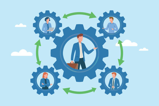 Teamwork collaboration business gears connecting professionals for project success and synergy achieving goals together