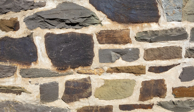 Close-up view of an old stone wall made of irregularly shaped rocks and mortar. The rough texture and earthy tones of gray, brown, and beige natural structure