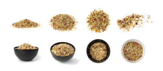 Muesli isolated. Crunchy granola with cereal mix, oat flakes, dry fruits, berries and fiber