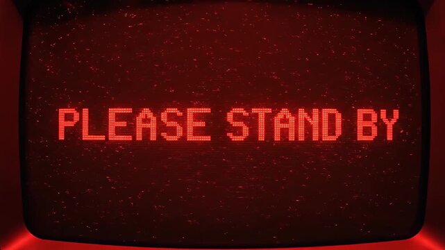 Vintage red television screen displaying please stand by message with static, creating a sense of technical difficulty and anticipation please stand by