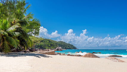 Beautiful Anse Lazio beach on the tropical island of Praslin, Seychelles.