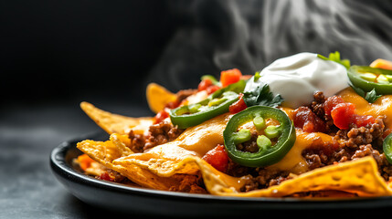 A plate of loaded nachos, steaming hot and piled high with melted cheese, seasoned ground meat, diced tomatoes, jalapeños, sour cream, and a sprinkle of fresh cilantro. A feast for the senses!