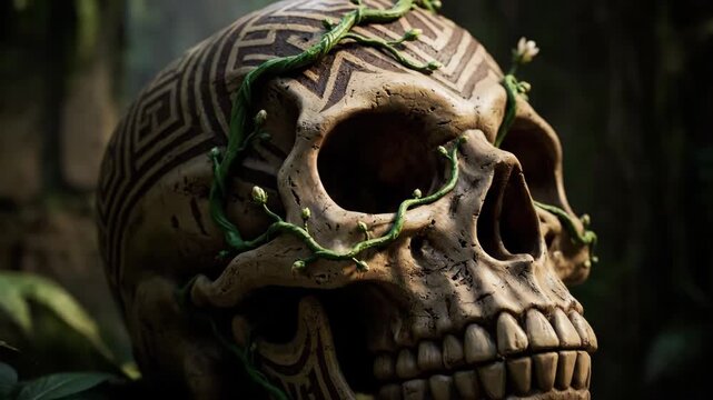 Detailed skull depiction with intricate patterns and foliage