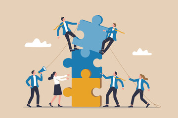 Teamwork puzzle concept successful collaboration business people assembling jigsaw pieces together achieving goals