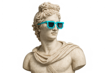Classical marble bust of apollo belvedere statue wearing stylish retro pixel sunglasses, creating a funny modern meme aesthetic