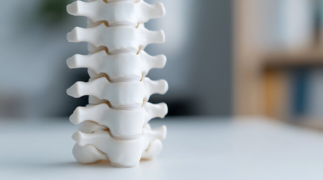 Close-up view of a white anatomical model showcasing human vertebrae. A clear and concise depiction of spinal anatomy, ideal for medical education resources or wellness materials.