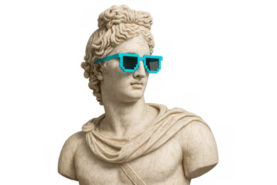 Classical marble bust of apollo belvedere statue wearing stylish retro pixel sunglasses, creating a funny modern meme aesthetic