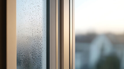 Rainy day atmosphere. Close-up on a window covered in raindrops, blurring the outside world into soft shapes and muted colors. Cozy ambiance.