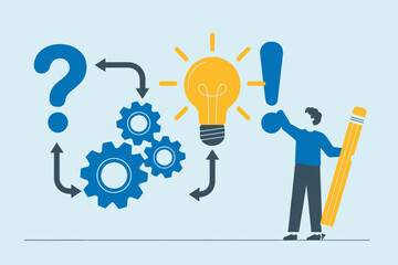Problem solving process brainstorming idea generation innovation and solution discovery with gears lightbulb and question mark symbols