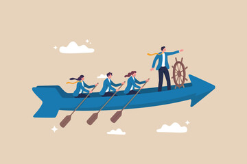 Teamwork leads to success symbolized by a team rowing an arrow boat towards a bright future