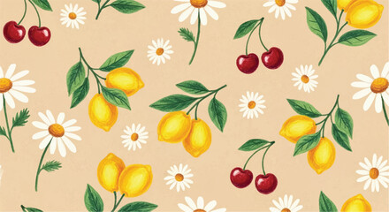 
Watercolor Lemon Cherry Daisy Seamless Pattern Beige Floral Motif