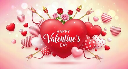 Happy Valentine's Day hearts and arrows decoration, celebrating love and romance with vibrant colors, a sweet and affectionate visual for expressing heartfelt sentiments of joy.