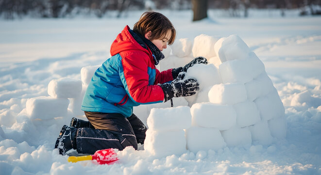 A boy builds an igloo while kneeling in a winter wonderland.