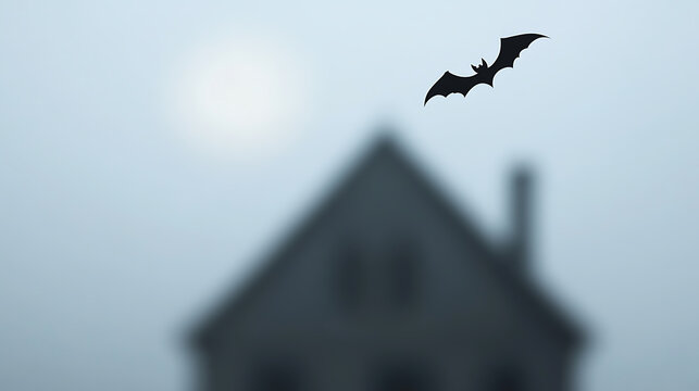 Eerie nightfall scene of a bat flying near a blurred house under a pale moon. Gloomy mood. Mysterious silhouette in the misty, pale moonlight. Spooky vibes for autumn.