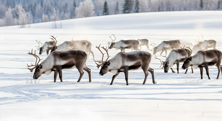Herd of reindeer grazing in snowy landscape during winter season  