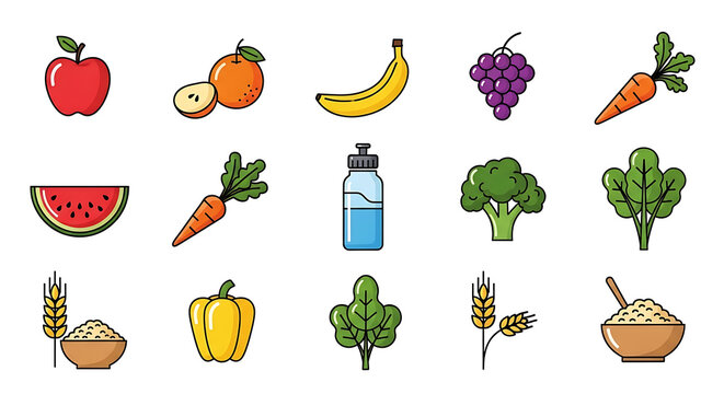 Vector icons of clean eating — fruits, vegetables, water bottle, grains, isolated on white