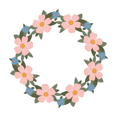 Vector round frame made of pink and blue flowers with green leaves, with space for text, perfect for wedding invitations, greeting cards, packaging, posters and spring floral designs