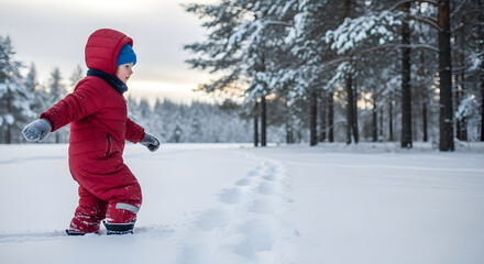Toddler playing in snow while walking outdoors in winter landscape  
