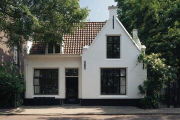 Fototapeta premium A delightful white house with elegant black accents sits cozily among lush trees in a tranquil neighborhood, basking in the warmth of a sunny day