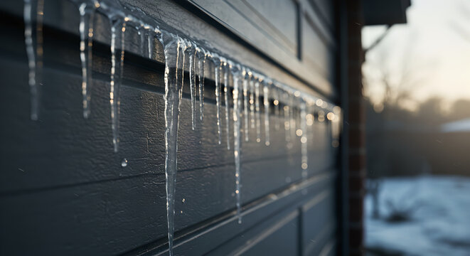 Icicles hanging from garage door during winter season at sunset  