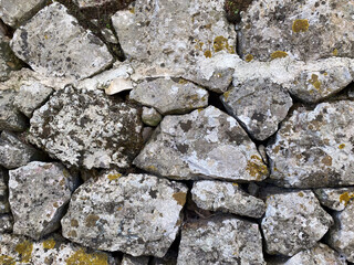 Close-up of weathered stone wall with lichen patterns in natural light