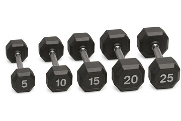 Gym dumbbells in a row, showing 5, 10, 15, 20, and 25 pounds, perfect for various home or gym exercises