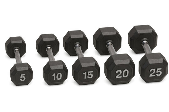 Gym dumbbells in a row, showing 5, 10, 15, 20, and 25 pounds, perfect for various home or gym exercises - Powered by Adobe