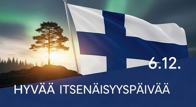 Finland Independence Day celebration poster banner with national flag and aurora borealis, December sixth, greeting card design for congratulations and promotion.