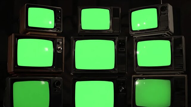 Nostalgic Media Arrangement with stacked retro vintage tvs turning on green screens you can replace screen the footage or picture want lkeyingr effect in ae check out tutorials internet distortion