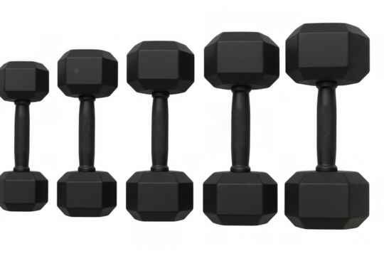 Black rubber hex dumbbells in varying sizes, showing weight progression for strength training workouts