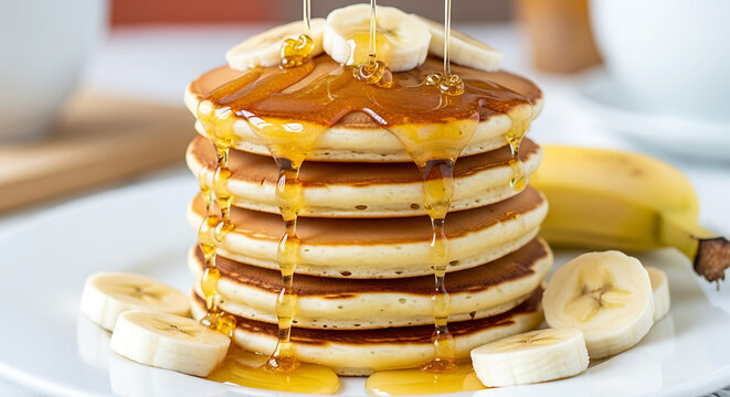 Pancakes stack with honey drizzle and banana slices