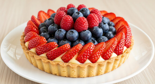 Fruit tart with glazed berries — blueberries, raspberries, strawberries
