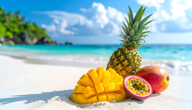 Fresh Tropical Fruits on White Sand Beach with Blue Ocean