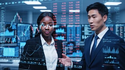 Two diverse professionals in business attire, analyzing data charts and financial metrics - Powered by Adobe