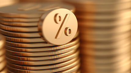 Gold coins symbolize financial concepts. Stacks of shiny coins with a prominent percentage sign convey ideas of investment, interest rates, and economic growth in the modern economy.